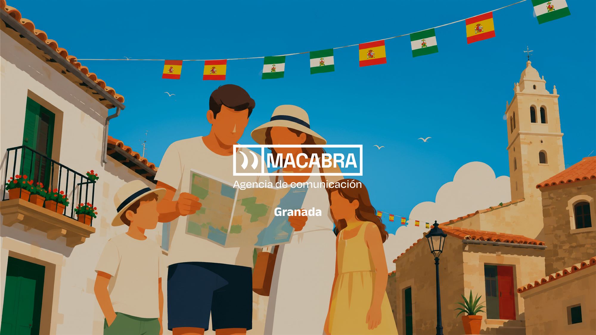 Ilustración de una familia de turistas consultando un plano en la plaza de un pueblo de Granada, con el logotipo de Macabra, agencia de comunicación